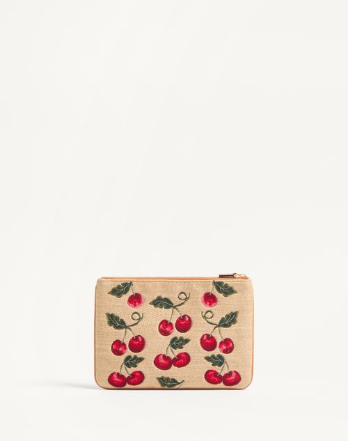Valentino Garavani - VLOGO SIGNATURE POUCH IN JACQUARD RAFFIA WITH CHERRYFIC PATTERN - Natural/red - Woman - Clutches