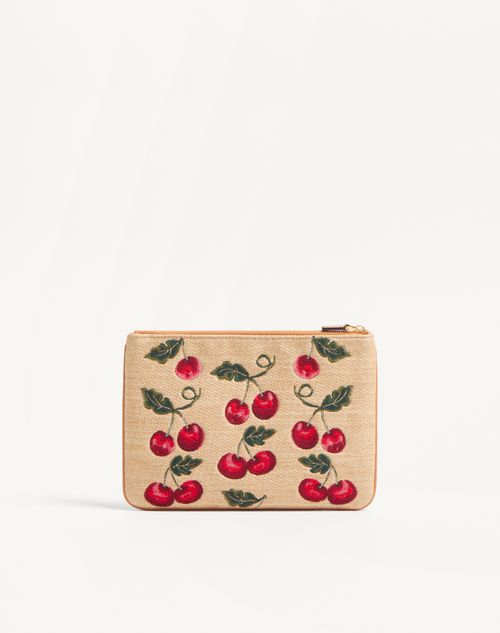 Valentino Garavani - Vlogo Signature Clutch Aus Jacquard-raffiabast Mit Cherryfic-motiv - Natur/rot - Frau - Pochetten