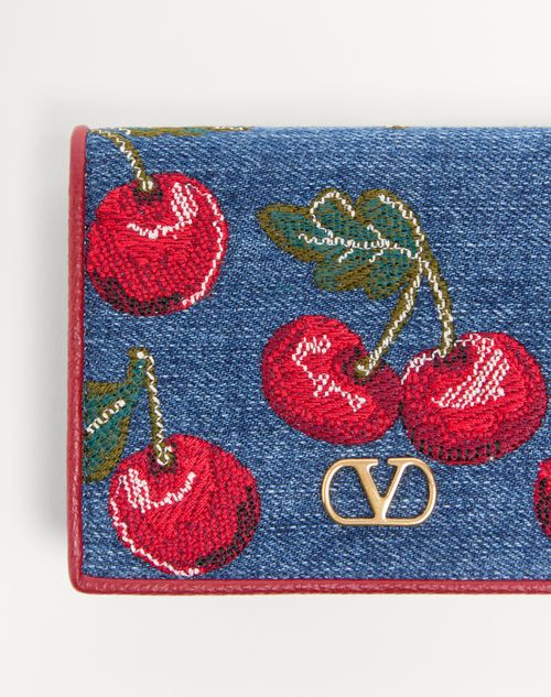 Valentino Garavani - Vlogo Signature Denim Wallet With Cherryfic Embroidery - Denim/multicolour - Woman - Wallets & Cardcases - Accessories