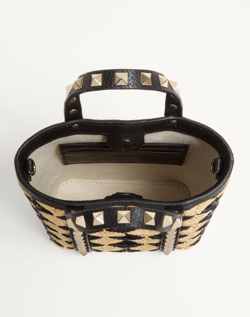 Valentino Garavani - Mini Tote With Synthetic Raffia Embroidered Rockstud Chain - Natural/black - Woman - Shelf - Vgd Accessories - Woman Accessories Sale