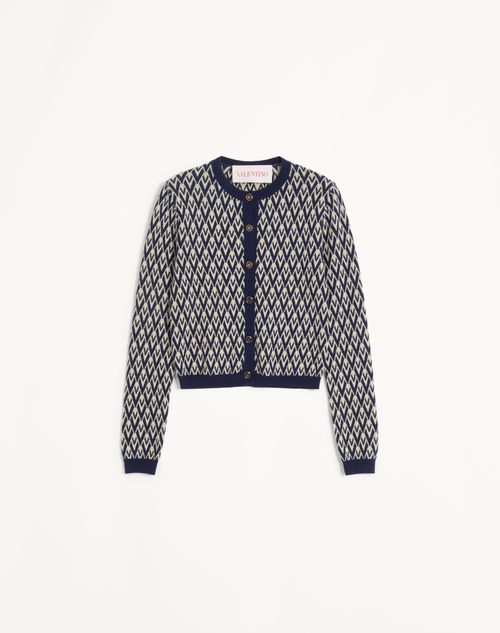 Valentino - Wool Cardigan With Toute La V Jacquard Pattern - Cream/navy - Woman - Knitwear