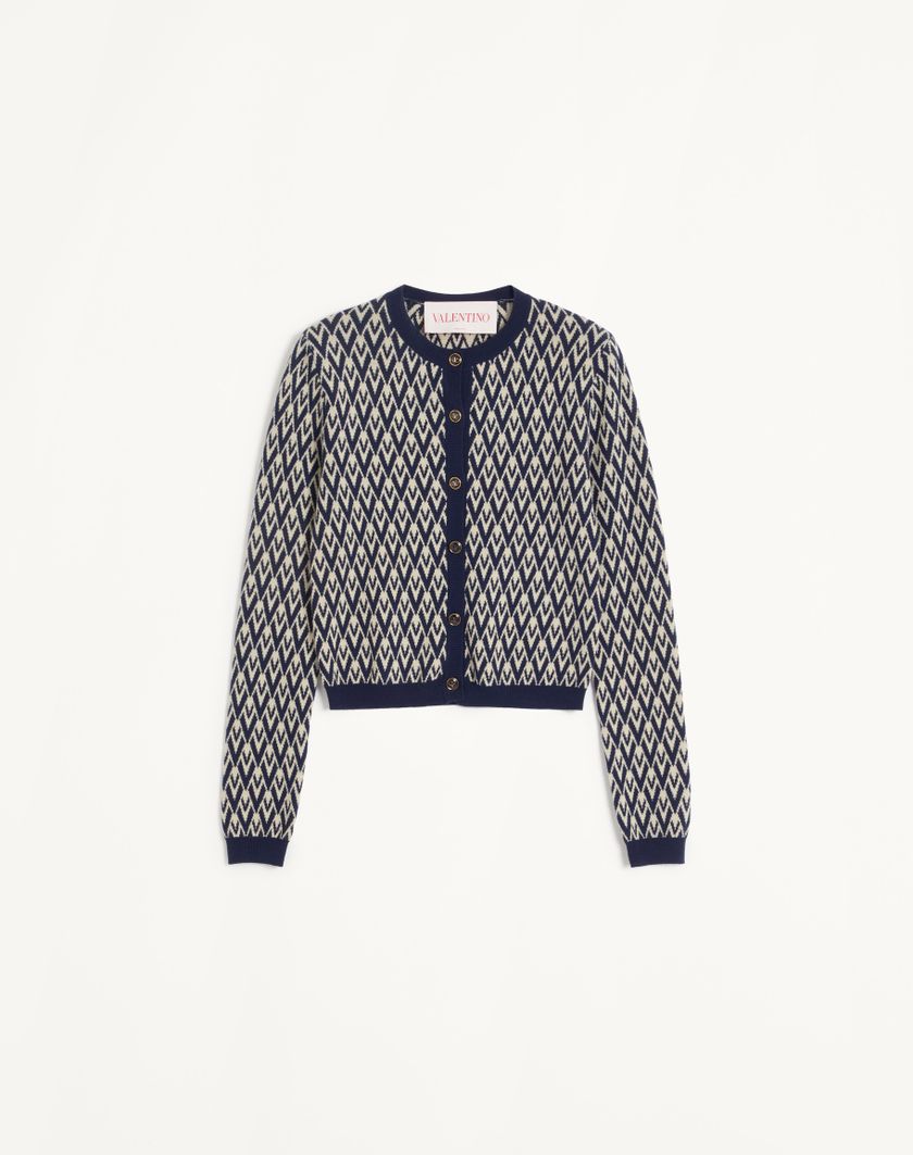 Valentino Handbags Cardigan In Lana Jacquard Toute La V per Donna in Crema/navy | Valentino IT