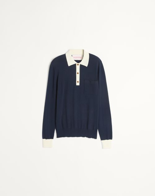 Valentino - Long-sleeved Cotton Polo Shirt - Indigo/butter - Man - Knitwear