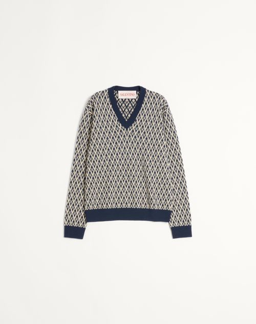 Valentino - Wool Sweater With Toute La V Jacquard Pattern - Ivory/navy - Man - New Arrivals