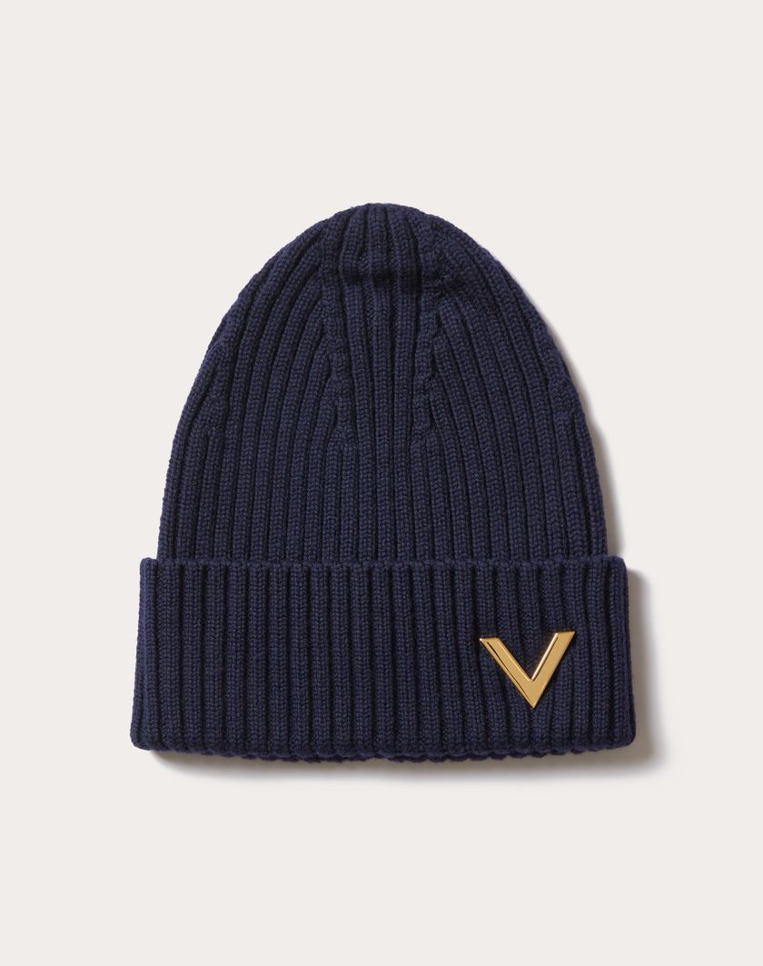 Valentino Handbags Cappello Beanie In Lana Con Applicazione V In Metallo per Uomo in Navy | Valentino IT