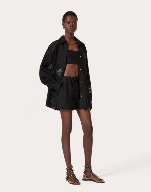 Valentino - Shorts In Valentino Cotton Guipure Jardin Plat - Black - Woman - Trousers And Shorts