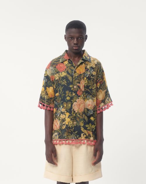シャツ Valentino Garavani Muslin Bowling Shirt Linen Bowling Shirt With Apres L'hiver Print for Man in