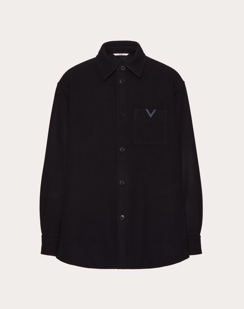 Valentino - Technical Wool Cloth Shirt Jacket With Rubberized V Detail - Navy - Man - Outerwear
