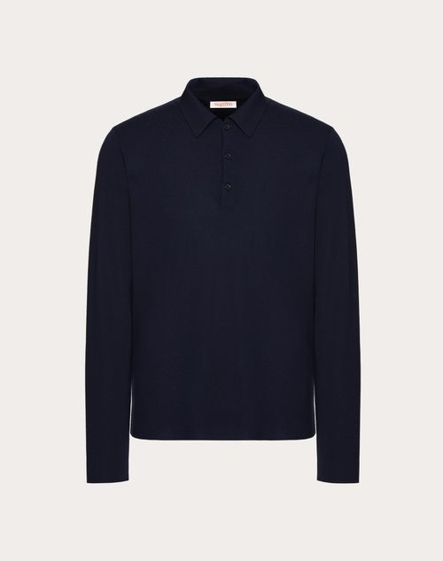 Valentino - Polo À Manches Longues En Laine Avec Broderie Vlogo Signature - Bleu Marine - Homme - Prêt-à-porter