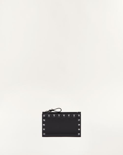 Valentino Garavani - Porte-cartes Rockstud Zippé En Cuir De Veau - Noir - Femme - Portefeuilles Et Petite Maroquinerie