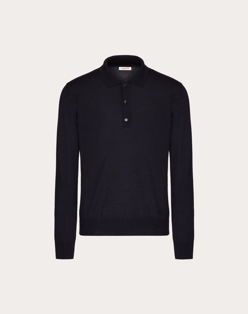 Valentino - Polo À Manches Longues En Cachemire Et Soie Avec Broderie Vlogo Signature - Bleu Marine - Homme - Maille