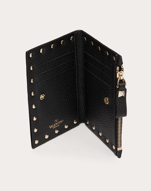 Rockstud Grainy Calfskin Cardholder With Zipper for Woman in