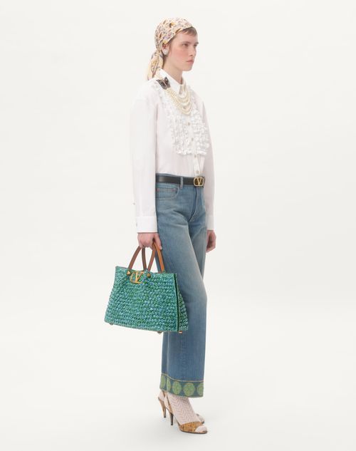 Valentino Garavani - Medium Shopping Bag In Synthetic Raffia Crochet - Green/azure/camel - Woman - Summer Totes - Bags (vlogo Totes/signature)