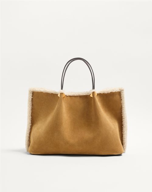 Valentino Garavani - Valentino Garavani Medium Shopping Bag In Embroidered Suede With Sheepskin Lining - Havana Beige - Woman - Totes