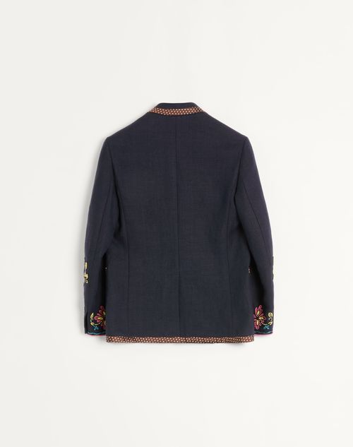 Valentino - シングルブレスト リネン ビーズエンブロイダリー パッチ ジャケット - ブルー - メンズ - コート＆ブレザー