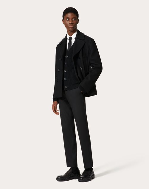 Valentino - Technical Wool Cloth Peacoat With Rubberised V Detail - Black - Man - Apparel