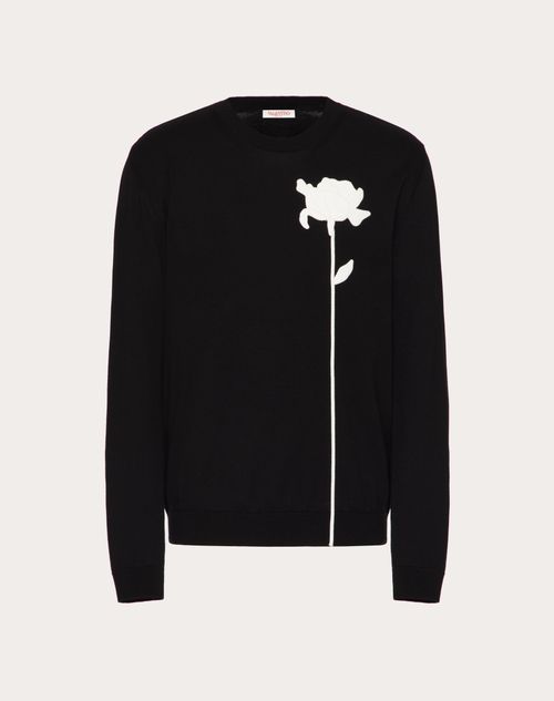 Valentino - Wool Crewneck Sweater With Flower Embroidery - Black - Man - Shelf - Mrtw - Flower Embro