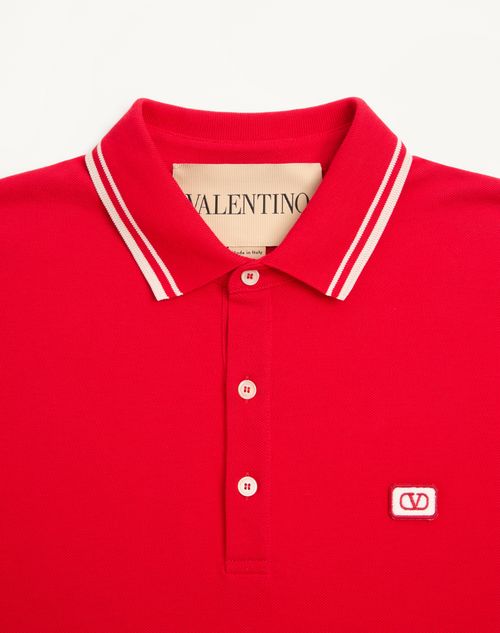 Valentino - Cotton Piqué Polo Shirt With Vlogo Patch - Red - Man - T-shirts And Sweatshirts