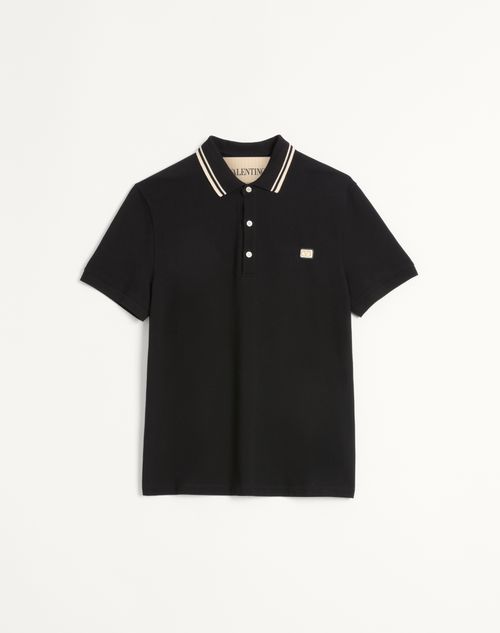 Valentino - Cotton Piqué Polo Shirt With Vlogo Patch - Black - Man - T-shirts And Sweatshirts