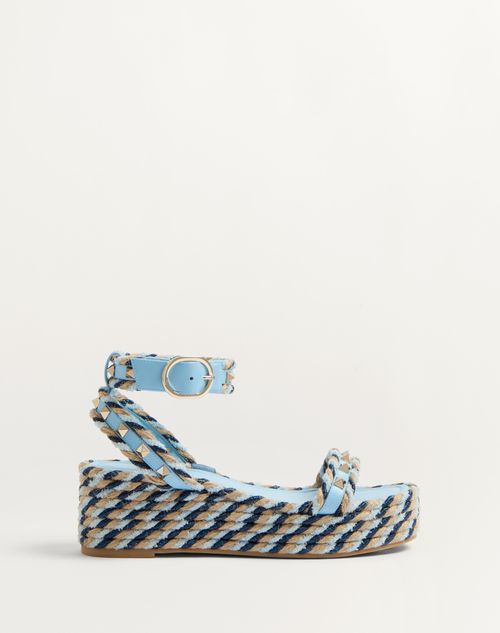 Valentino Garavani - Rockstud Flatform Sandal In Calfskin 45mm - Blue/ivory - Woman - Espadrilles - Shoes