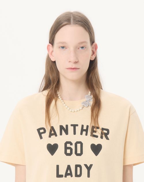 Valentino - Cotton Jersey T-shirt With Panther Lady Print - Birch/black - Woman - T-shirts And Sweatshirts