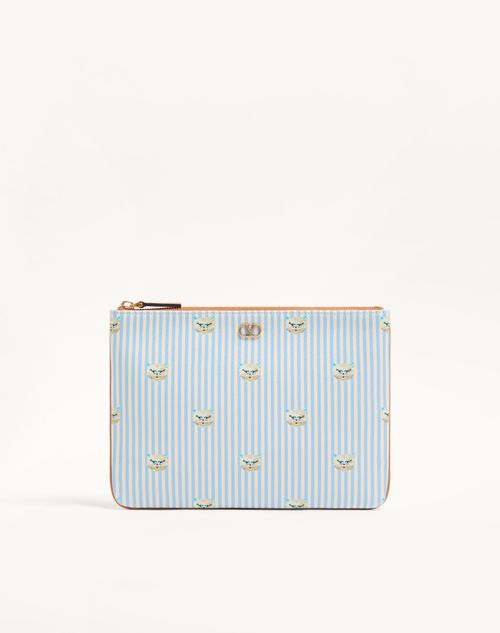 Valentino Garavani - Valentino Garavani Vlogo Signature Pouch In Grainy Calfskin With Le Chat De La Maison Print - Azure/ivory - Man - Clutches And Pouches