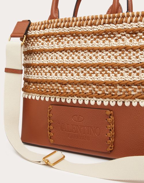 Valentino Garavani - Small Valentino Garavani Crochet Bags Fabric Tote - Saddle Brown/sand - Man - Totes
