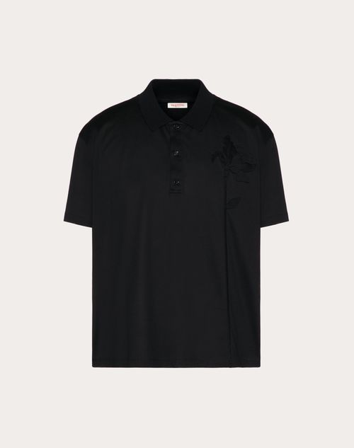 Valentino - Mercerized Cotton Polo With Flower Embroidery - Black - Man - Man Ready To Wear Sale