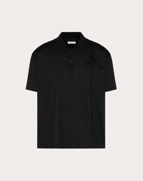 Valentino - Mercerized Cotton Polo With Flower Embroidery - Black - Man - T-shirts And Sweatshirts
