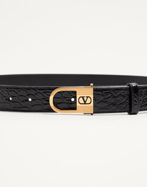 Valentino Garavani - Cintura Vlogo Signature In Coccodrillo 30 Mm Con Dettaglio Logo Smaltato - Nero - Uomo - Cinture