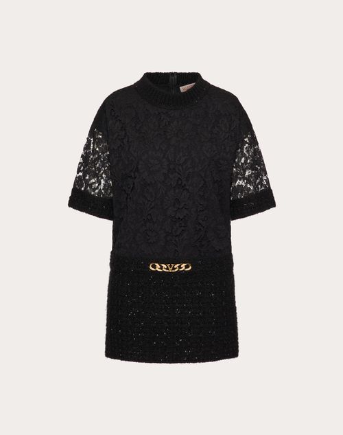 Valentino - Vlogo Chain Short Dress In Mohair And Heavy Lace - Black - Woman - Woman Ready To Wear Sale