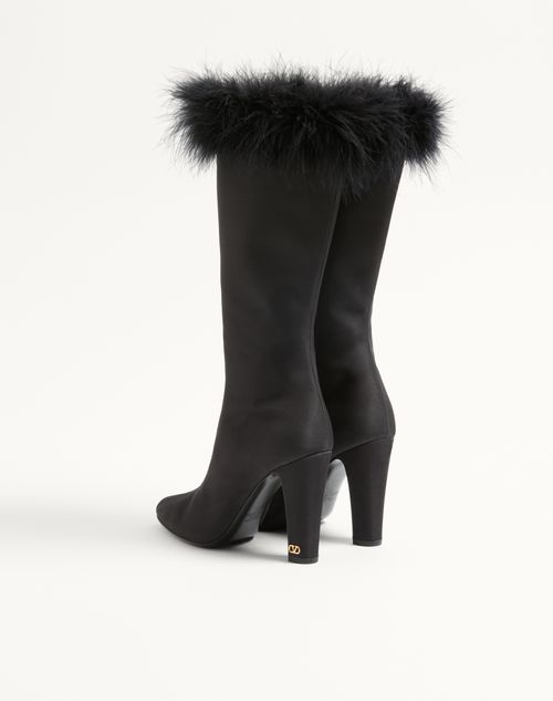 Valentino Garavani - Hotty Shantung Fabric Boot With Feathers 100mm - Black - Woman - Boots And Ankle Boots
