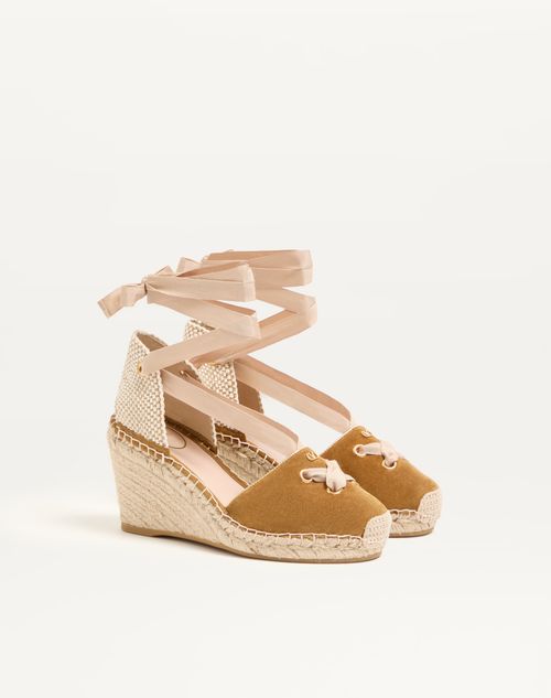 Valentino Garavani - Resort-keilabsatz Aus Spaltleder 75mm - Havana Beige - Frau - Espadrilles Und Wedges