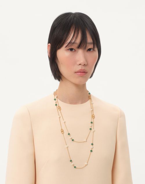 Valentino Garavani - Vlogo Signature Long Necklace In Metal, Pearls And Knurled Glass - Gold/green - Woman - Jewelry