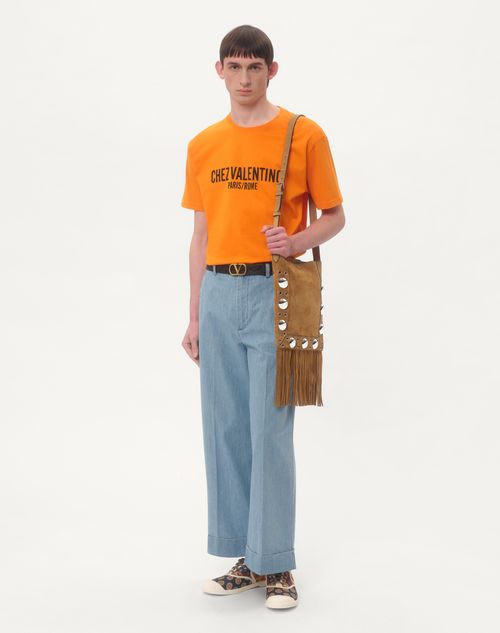 Valentino Garavani - Valentino Garavani Nellcôte Suede Shoulder Bag With Fringes - Havana Beige - Man - Shoulder Bags