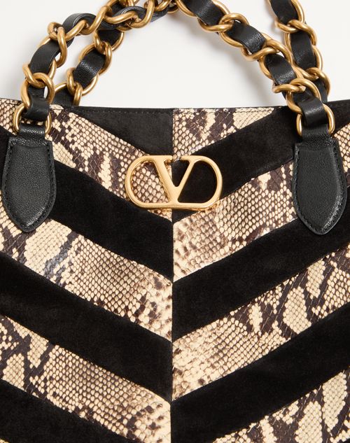 Valentino Garavani - Valentino Garavani Laseine Shopping Bag In Python And Chevron-patterned Suede - Beige/black - Woman - Totes