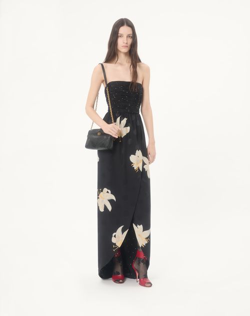 Valentino - Long Dress In Crepe De Chine Jacquard Apres L'hiver Lilium - Black - Woman - Ready To Wear