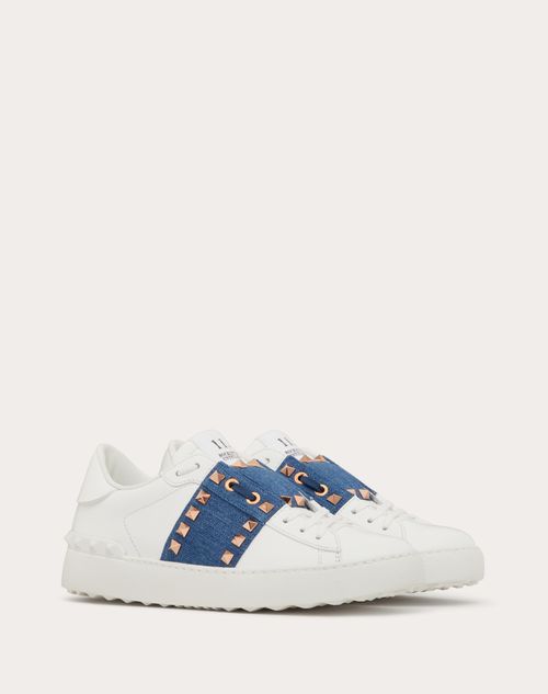 Valentino Garavani - Baskets Rockstud Untitled En Cuir De Veau Avec Bande En Denim - Denim/blanc - Femme - Baskets