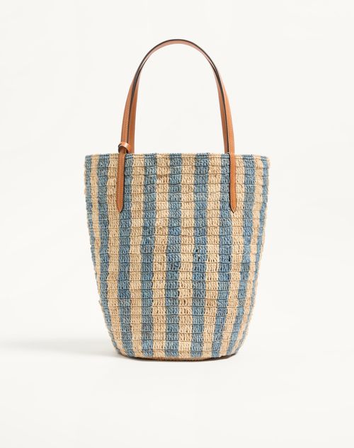 Valentino Garavani - Cabas Valentino Garavani En Raphia À Motif Rayé. - Naturel/bleu D'azur - Femme - Cabas