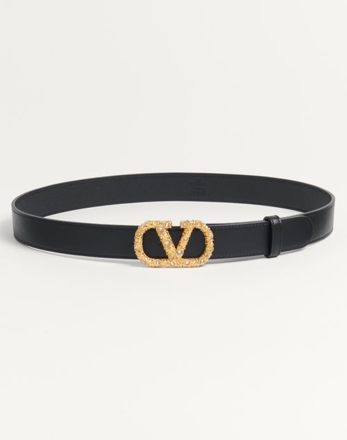 Valentino Garavani - Ceinture Vlogo Signature En Cuir De Veau Brillant Avec Cristaux 30 Mm - Noir/cristal - Femme - Belts - Accessories