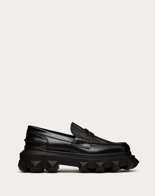 Valentino Garavani - Brushed Calfskin Trackstud Loafer - Black - Man - Man Shoes Sale