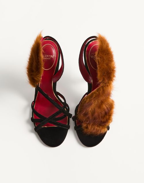 Valentino Garavani - Fetishique Velvet Sandal With Fur Leaf 105 Mm - Black - Woman - Sandals