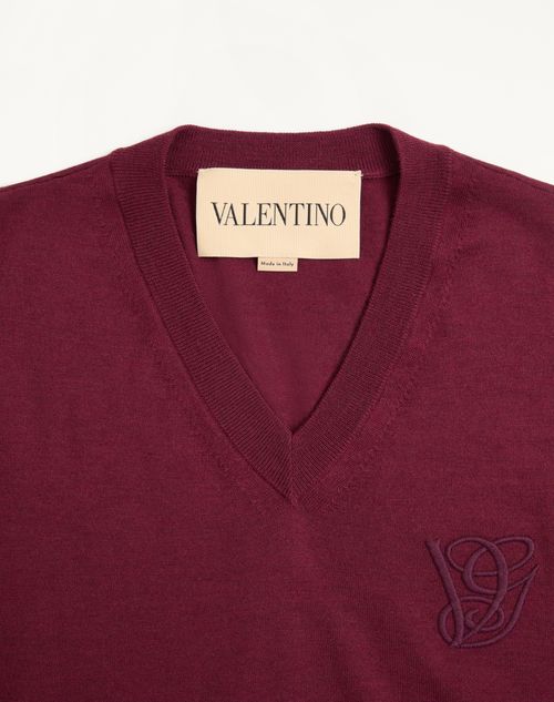 Valentino - Valentino V-neck Sweater In Wool With Vg Embroidery - Maroon - Man - Knitwear