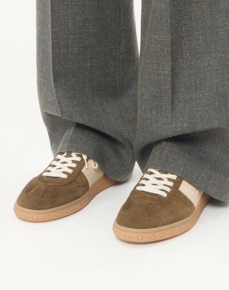 Valentino Garavani Upvillage Low Top Trainer In Split Leather And Calfskin Nappa Leather Man Military Green/Ivory 44.5