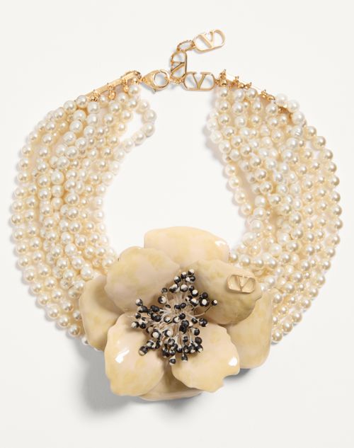 Valentino Garavani - Fleur Lumineuse Necklace In Metal, Enamel, Pearls And Fabric - Gold/ivory/cream/multicolour - Woman - Accessories