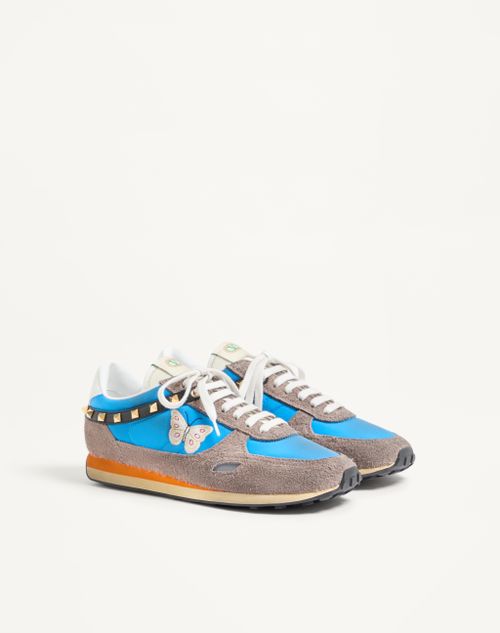 Valentino Garavani - Stud Up Trainer In Split Leather And Nylon With Butterfly Embroidery - Azure/multicolour - Man - Trainers