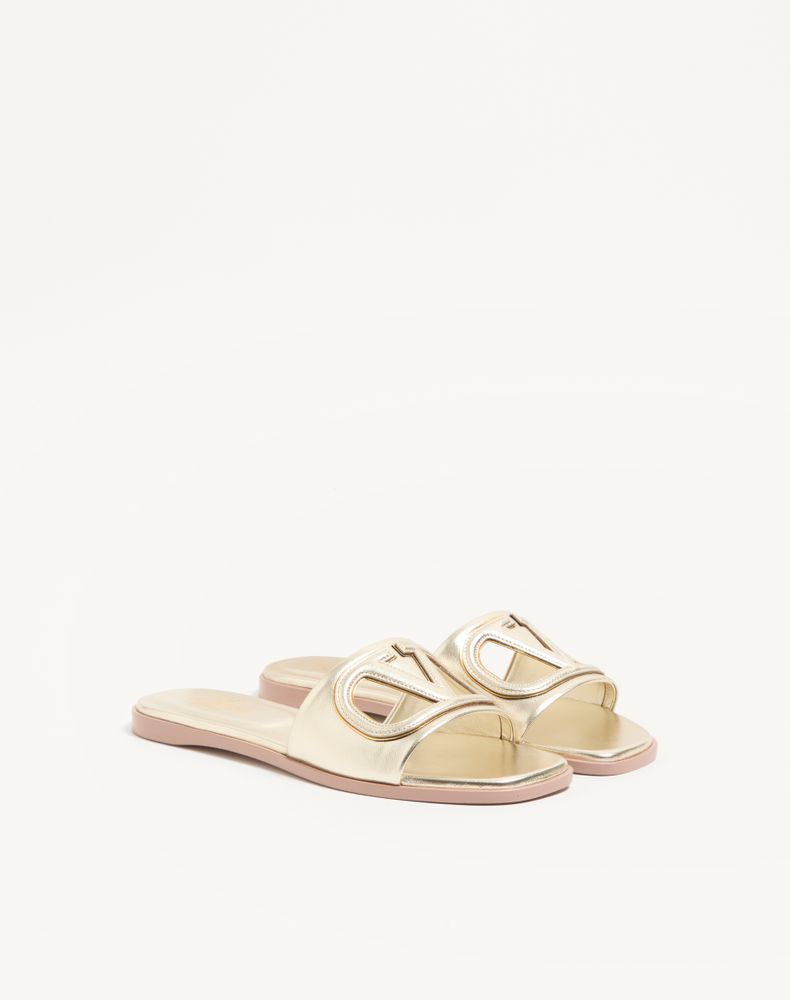 Valentino Garavani Vlogo Cut-Out Laminated Nappa Leather Slide Sandal Woman Platinum/Antique Brass 39