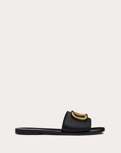 Valentino Garavani - Vlogo Signature Slide Sandal In Grainy Cowhide With Accessory - Black - Woman - Slides And Thongs