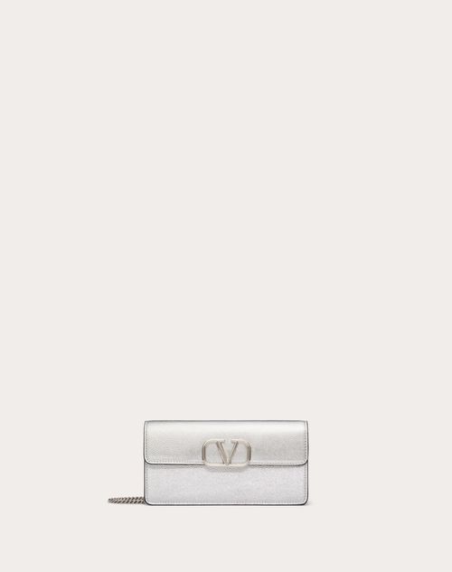 Valentino Garavani - Vlogo Signature Metallic Grainy Calfskin Wallet With Chain - Silver - Woman - Mini And Micro Bags