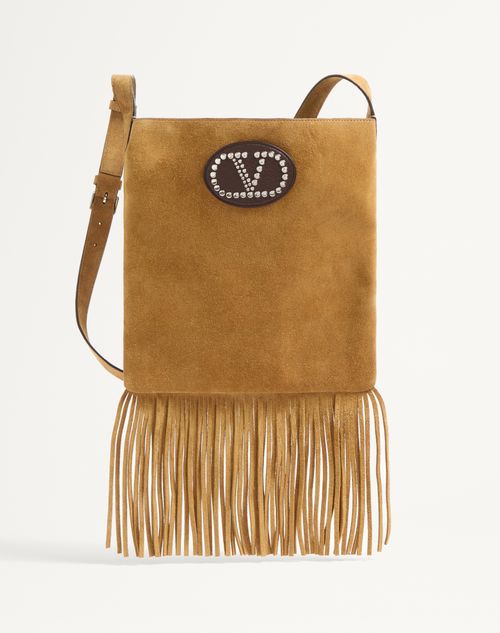 Valentino Garavani - Valentino Garavani Nellcôte Suede Shoulder Bag With Fringes - Havana Beige/fondant - Man - Shoulder Bags